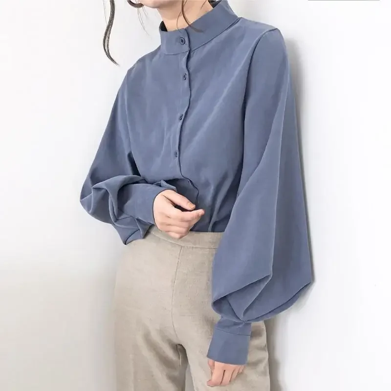 Temperament Black Loose Blouse Spring Autumn Long Sleeve Button Solid Color Youth Shirt Tops Vintage Casual Women Clothing