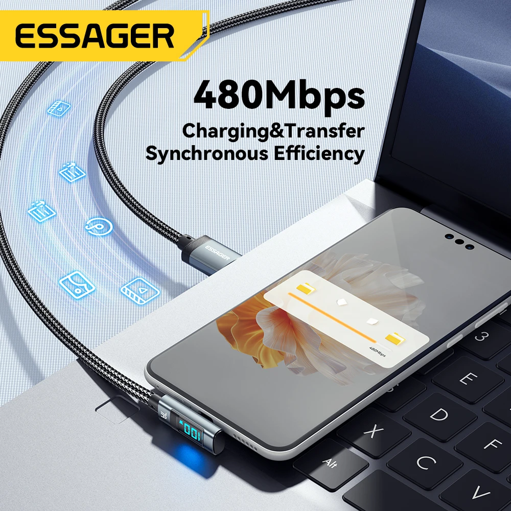 Essager 7A 100W USB C Cable Fast Charge Digital Display Elbow Type C Cable for Huawei Mate60 Pro Xiaomi Samsung Vivo Data Cord