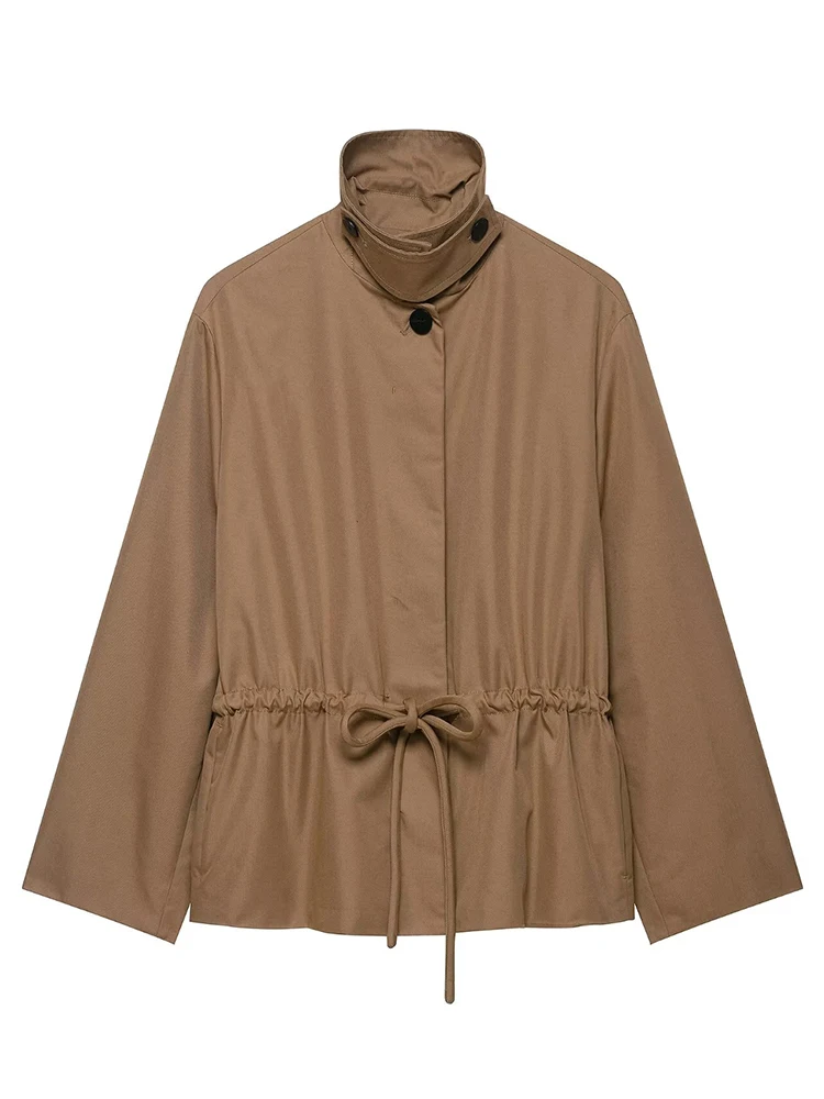 TFMLN 2025 Autumn Women Solid Drawstring Jackets Fashion Causal Long Sleeve Loose Cropped Coats Simple Ladies Streetwear Tops