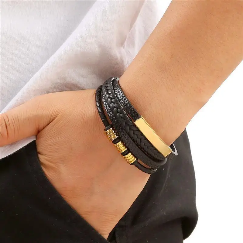 Punk Men Leather Bracelet with Stainless Steel Magnetic Clasp Braided Mutilayer Leather Wrapping Bangles Man Jewelry Gift
