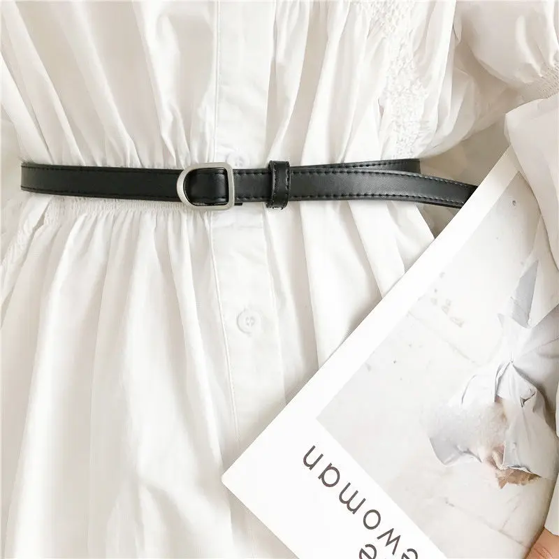 

Luxury Brand Women Belts Thin Golden Buckle PU Leather Strap For Dress Trousers Casual Black Ladies Female Designer Waistband