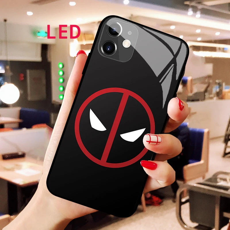 Deadpool Luminous Tempered Glass phone case For Apple iphone 13 14 Pro Max Puls mini Luxury Fashion RGB LED Backlight new cover