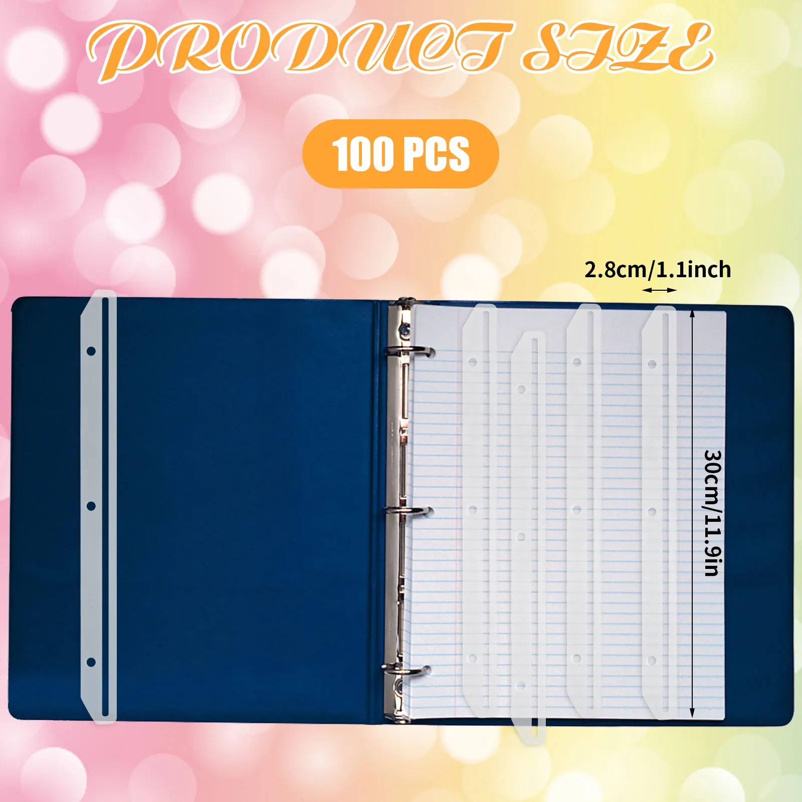 [k]100개 3홀 홀더(11.8인치 플라스틱 니저 3링 바인더 삽입 스트립 투명)