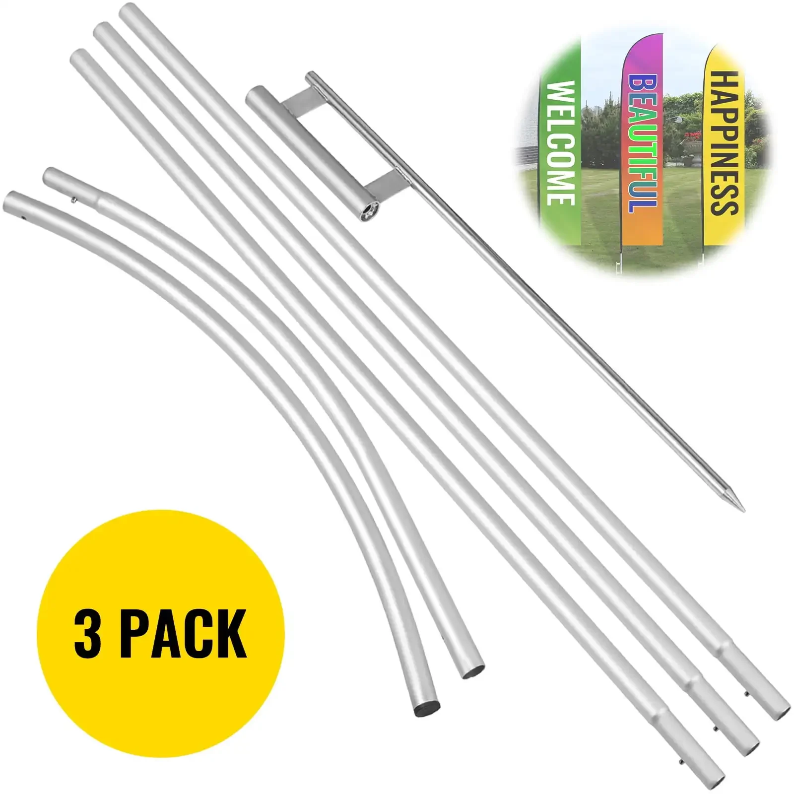 Advertising Flag Pole, 3 x Feather Flag Bundles, 16ft Windless Pole Sets with Ground Mounting Stake