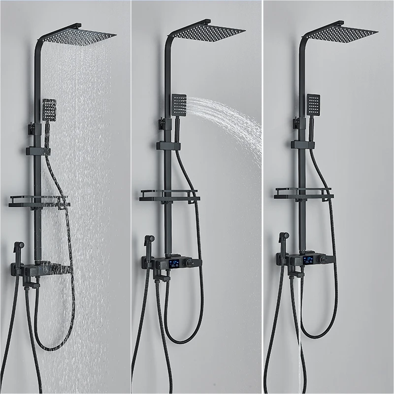 Black Digital Display Thermostatic Shower Faucets Rainfall Shower Thermostatic 4-way Mixer Commodity Shelf Bidet Faucet bathroom shower faucet set bathroom faucet