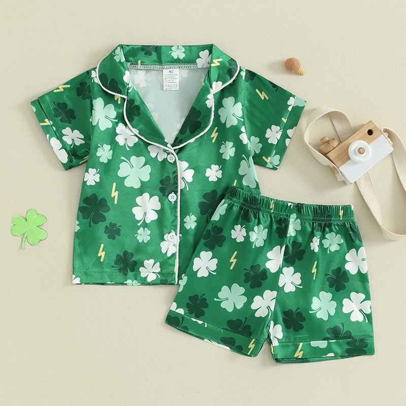 

2023-12-23 Lioraitiin Kids Baby Girls Boys St Patrick's Day Pajamas Outfits Shamrock Print Short Sleeve Shirt Shorts Sleepwear