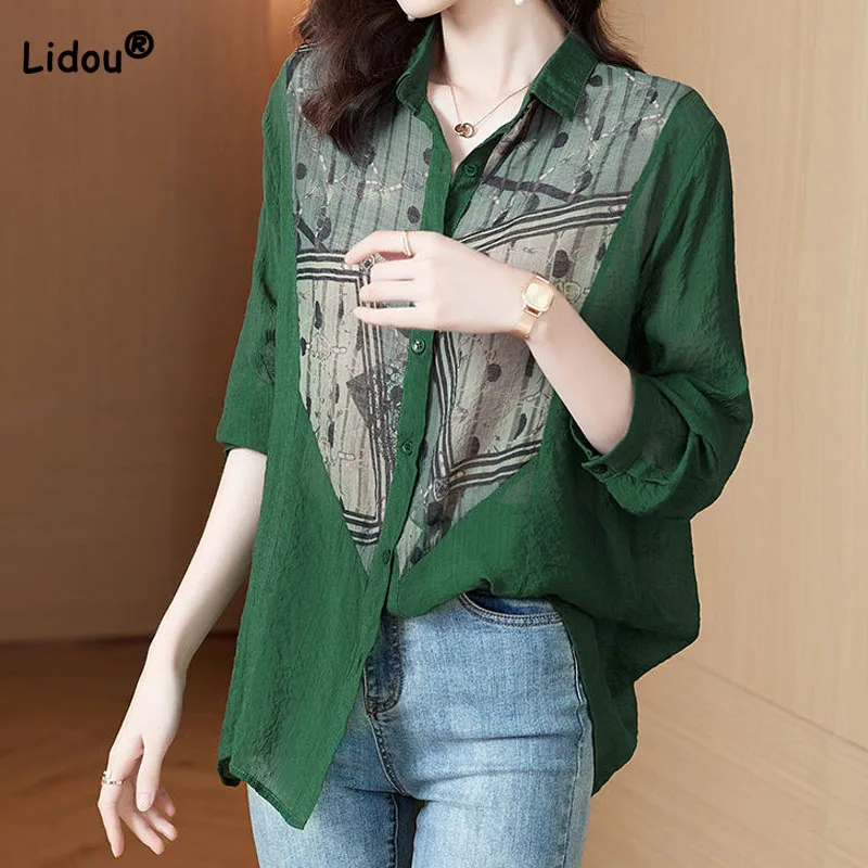 Summer Women's Clothing Printed Spliced Vintage Blouse Spring Elegant Fashion Temperament Long Sleeve Button Shirt for Female