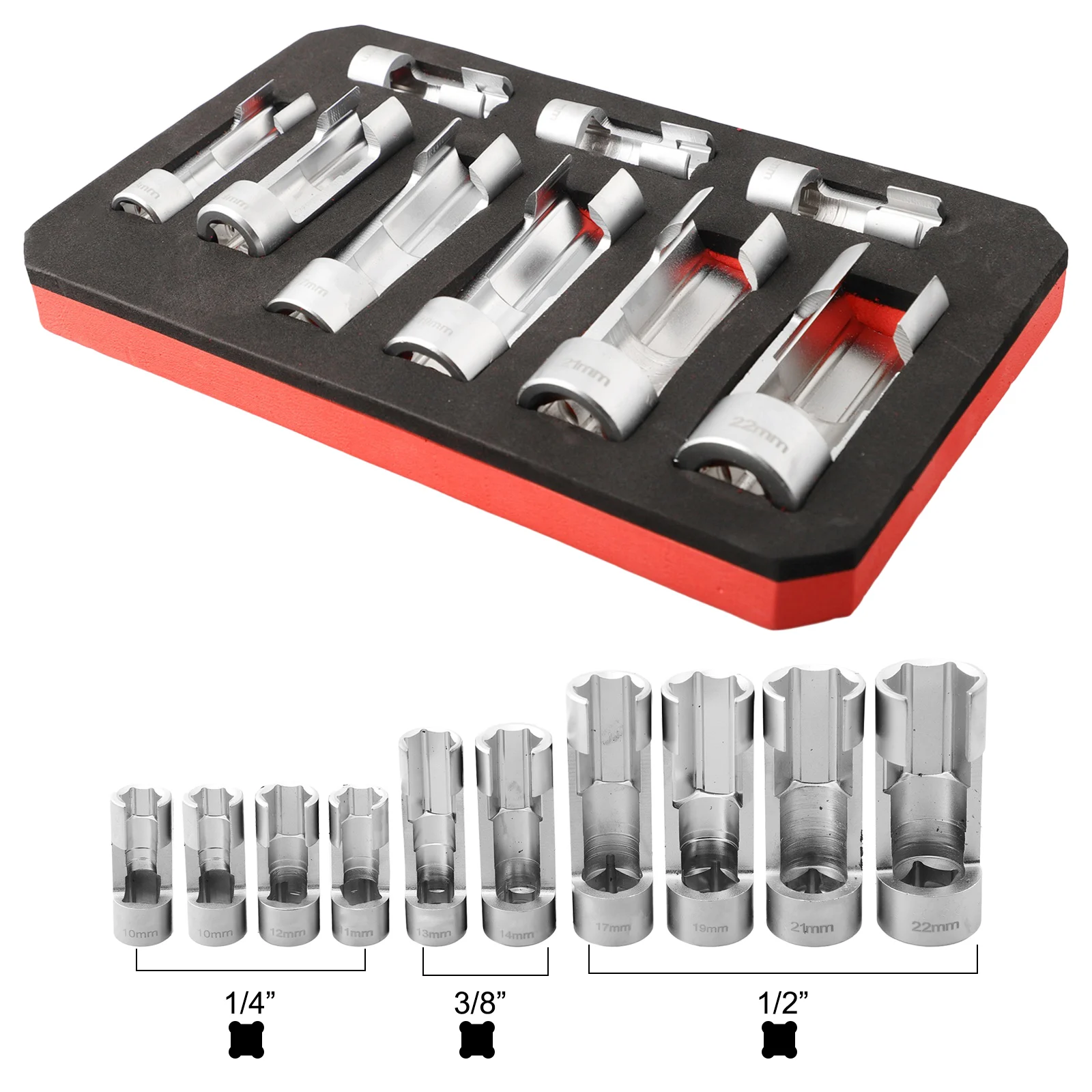 

9pcs Fuel Line Socket Wrench 10-22mm 1/4 3/8 1/2 Diesel Injector Fuel Line Socket Wrench L-shaped Open Set Union Nut Socket