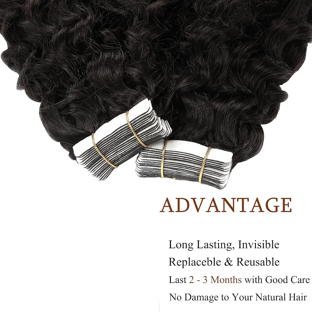 Deep Wave Tape In Human Hair Extensions Natural Black Color 1B Adhesive Skin Weft Curly Real Human Hair Seamless 16-26 Inch