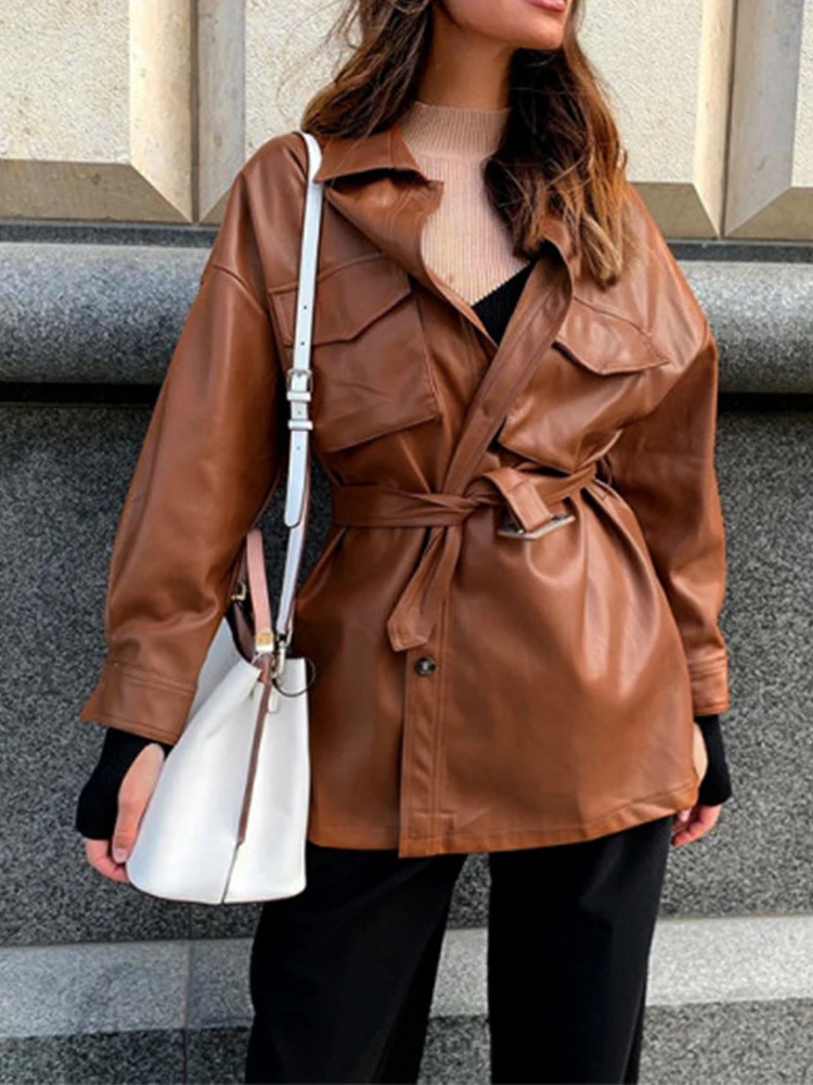

Fitaylor New Spring Autumn Women Fashion Faux Leather Jacket Female High Street Vintage Lapel Single Breasted Lace-up Pu Coat