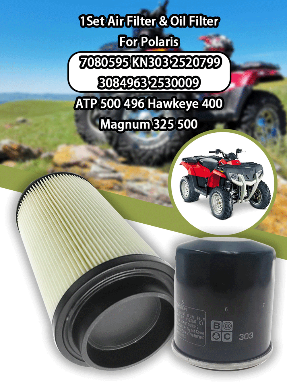 1Set Air Filter & Oil Filter For Polaris 7080595 KN303