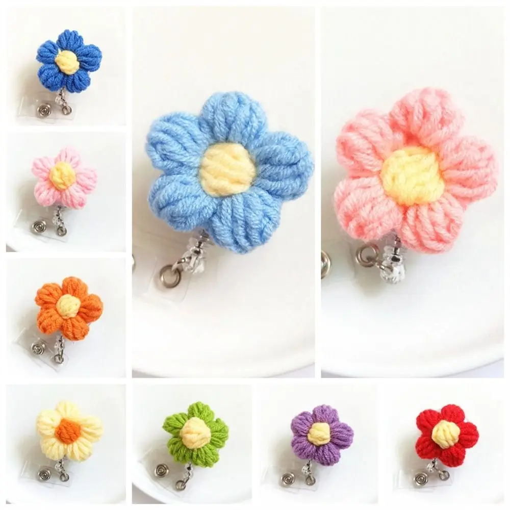 

Retractable Nurse Badge Reel Name Tag Knit Flora Flower Badge Holder Chest Card Wool Easy Pull Buckle Doctor Students