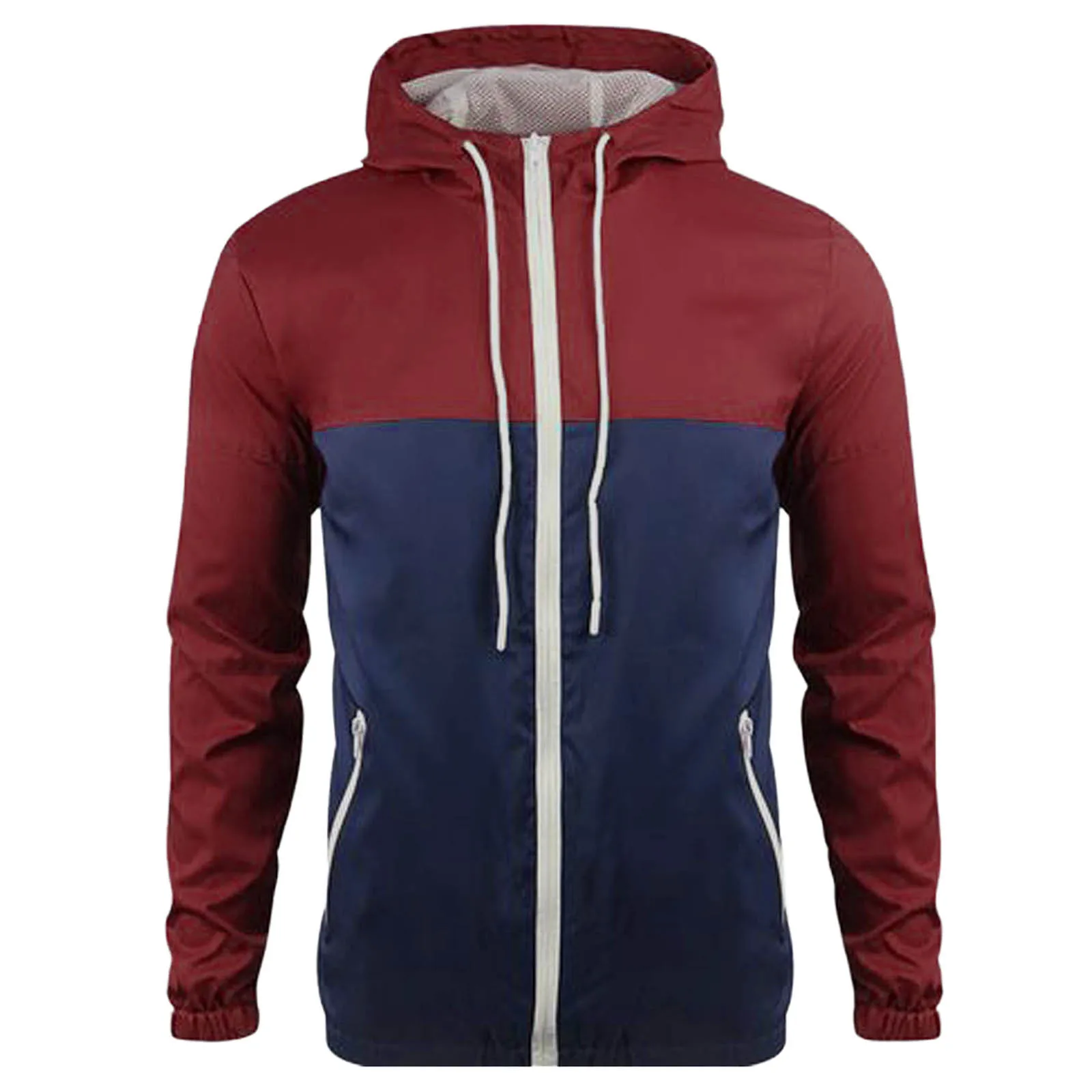 Men Zip Up Hoodie Spring Autumn Patchwork Color Hooded Jacket Coats Pockets Drawstrings Fit Outdoor Sports Breathable Sweatshirt