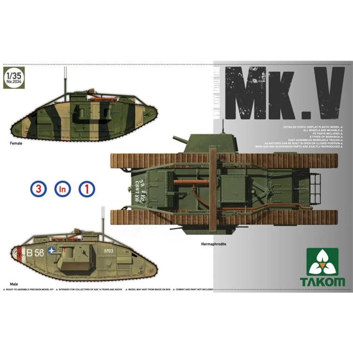 

Takom 2034 1/35 Scale WWI Heavy Battle Tank Mark V (3 in 1 Kit) Tank Model Kit