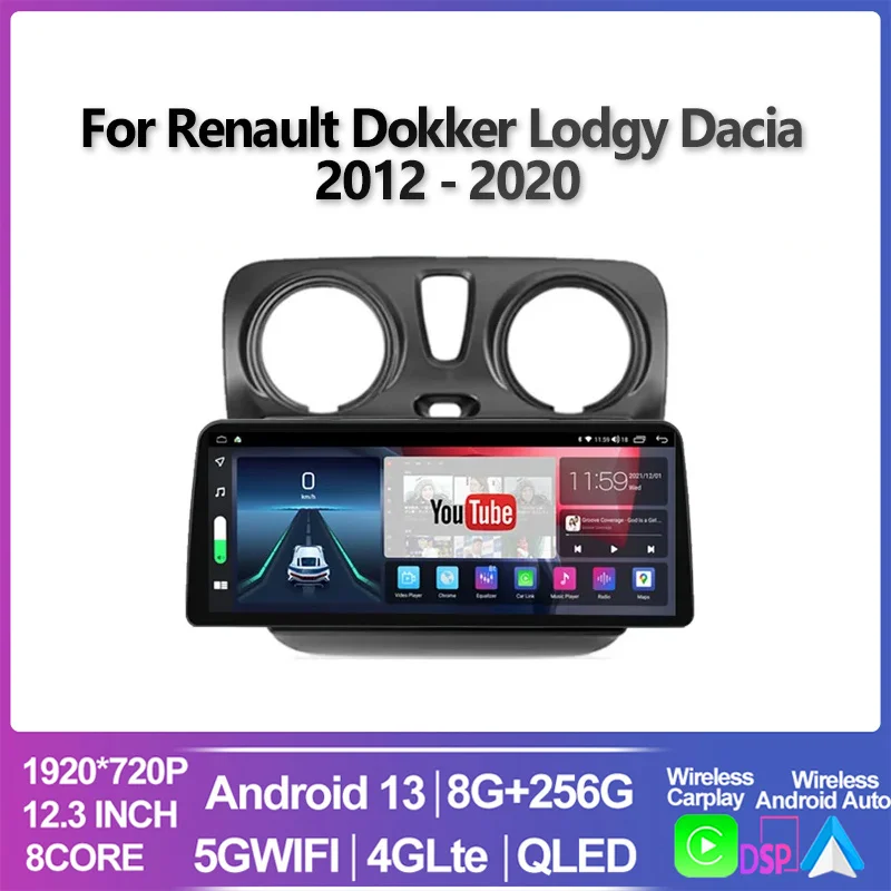 

Автомагнитола 2 din для Renault Dokker, мультимедийный проигрыватель на Android 13, 12,3 дюйма, GPS, навигация для Carplay, для Renault Dokker, Dacia 2012 - 2020