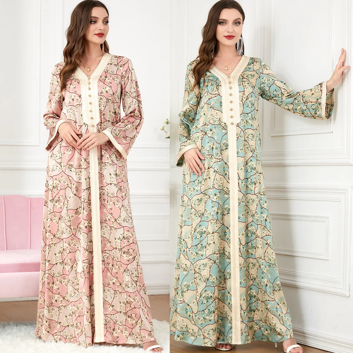 

Женское мусульманское платье Abayas, комплект из двух предметов, Платья с цветочным принтом в марокканском стиле, кружевной кафтан с поясом и разрезом на подоле, женское платье в арабском стиле