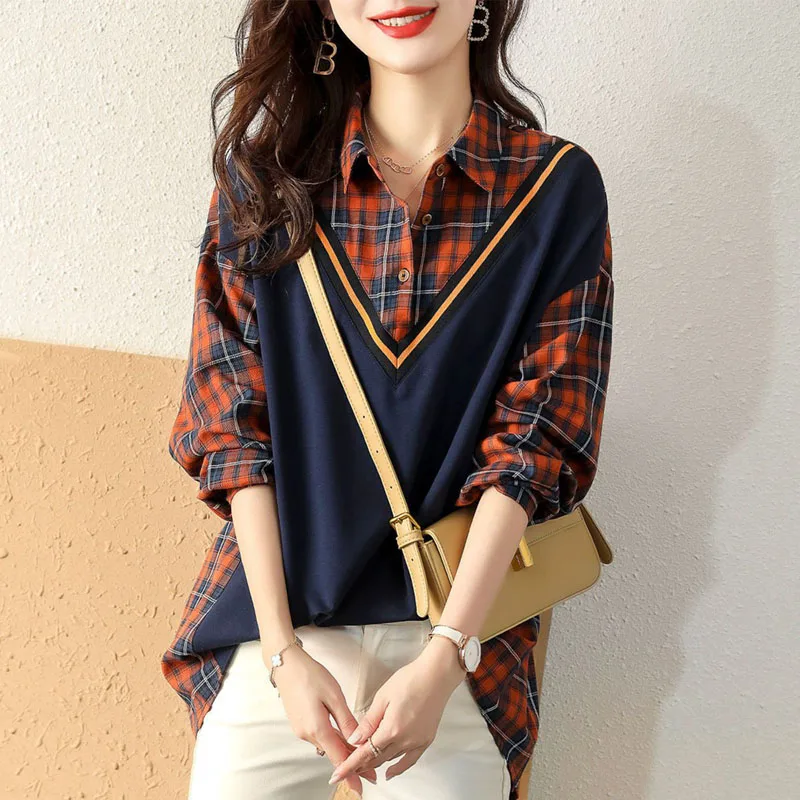 Fashion Printed Button Spliced Fake Two Pieces Plaid Blouse Women's Clothing 2022 Autumn New Casual Pullovers Loose Korean Shirt