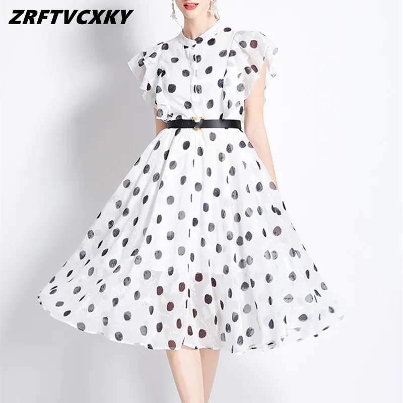 

Women's Elegant Stand Collar Summer Chiffon Dresses Runway Butterfly Sleeve Vintage Polka Dot Print Casual Holidays Mid Dress