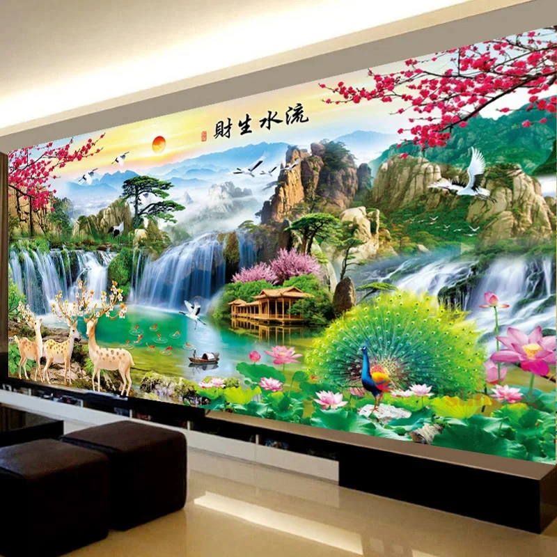 thumbnail image 1 of Pintura de diamante 5D con paisaje natural de cascada que fluye, joyería artesanal, punto de cruz, mosaico de diamantes completo, arte de río, pino y ciruelo, 1 of 4