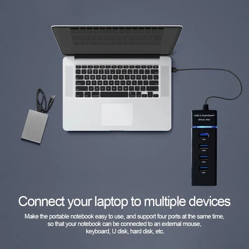 4-Port High-Speed USB Hub Splitter with Integrated Docking Station