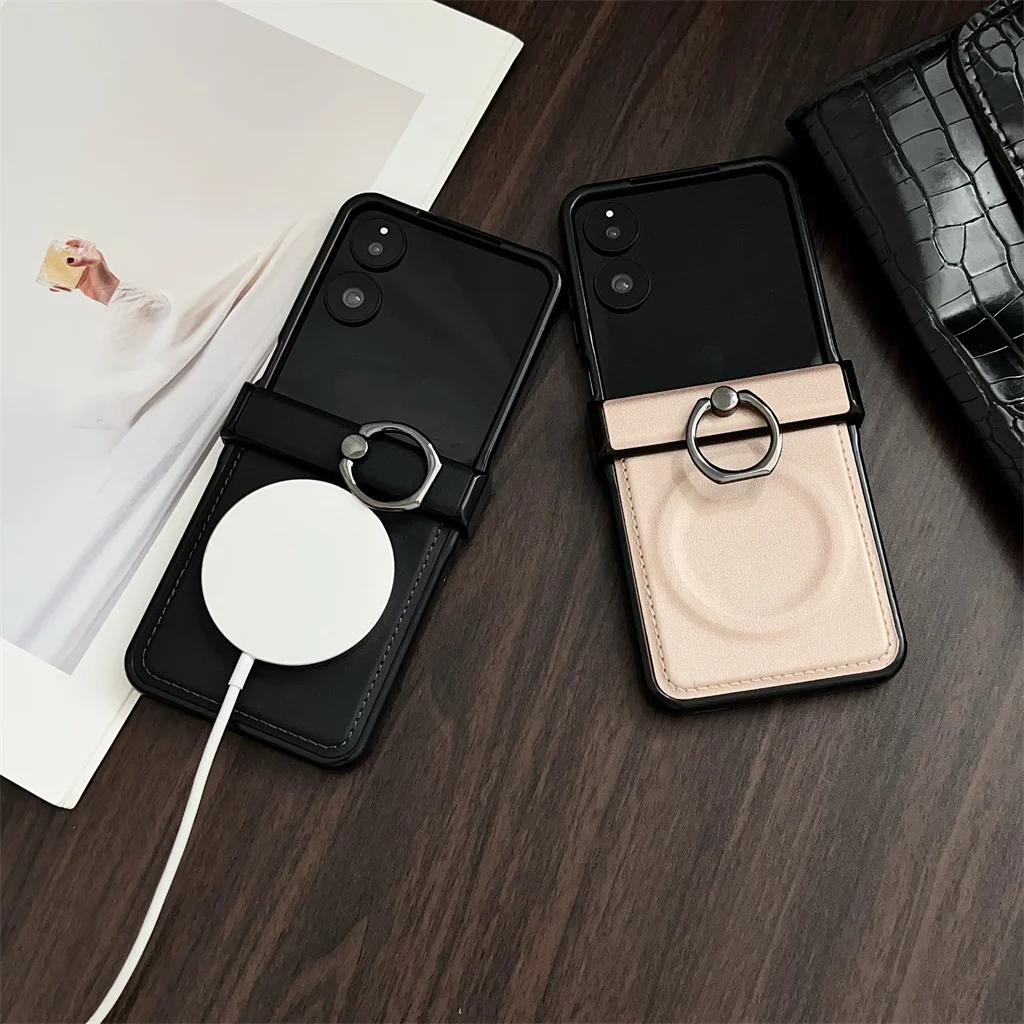 Magnetic Ring Holder PU Leather Stand Shockproof Phone Case with Hinge Protection