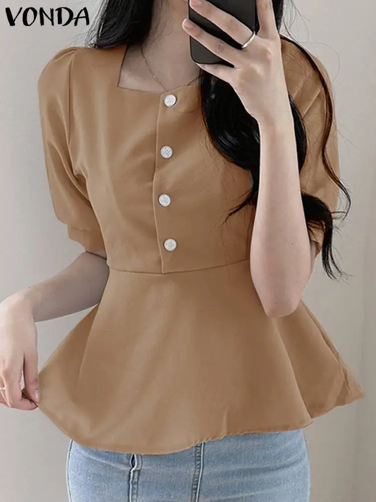 

VONDA Summer Tops Women Short Puff Sleeve Shirts 2024 Women Elegant Blouse Sexy Square Neck Tops Sexy Beach Blusas Oversized