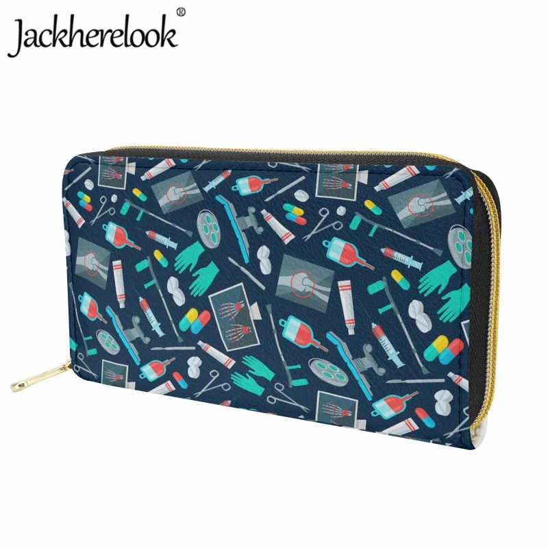 Jackherelook New Women Wallet Cartoon Medical Syringe Infusion Bottle Pattern Long Leather Purse Ladies Casual Bank Card Holder
