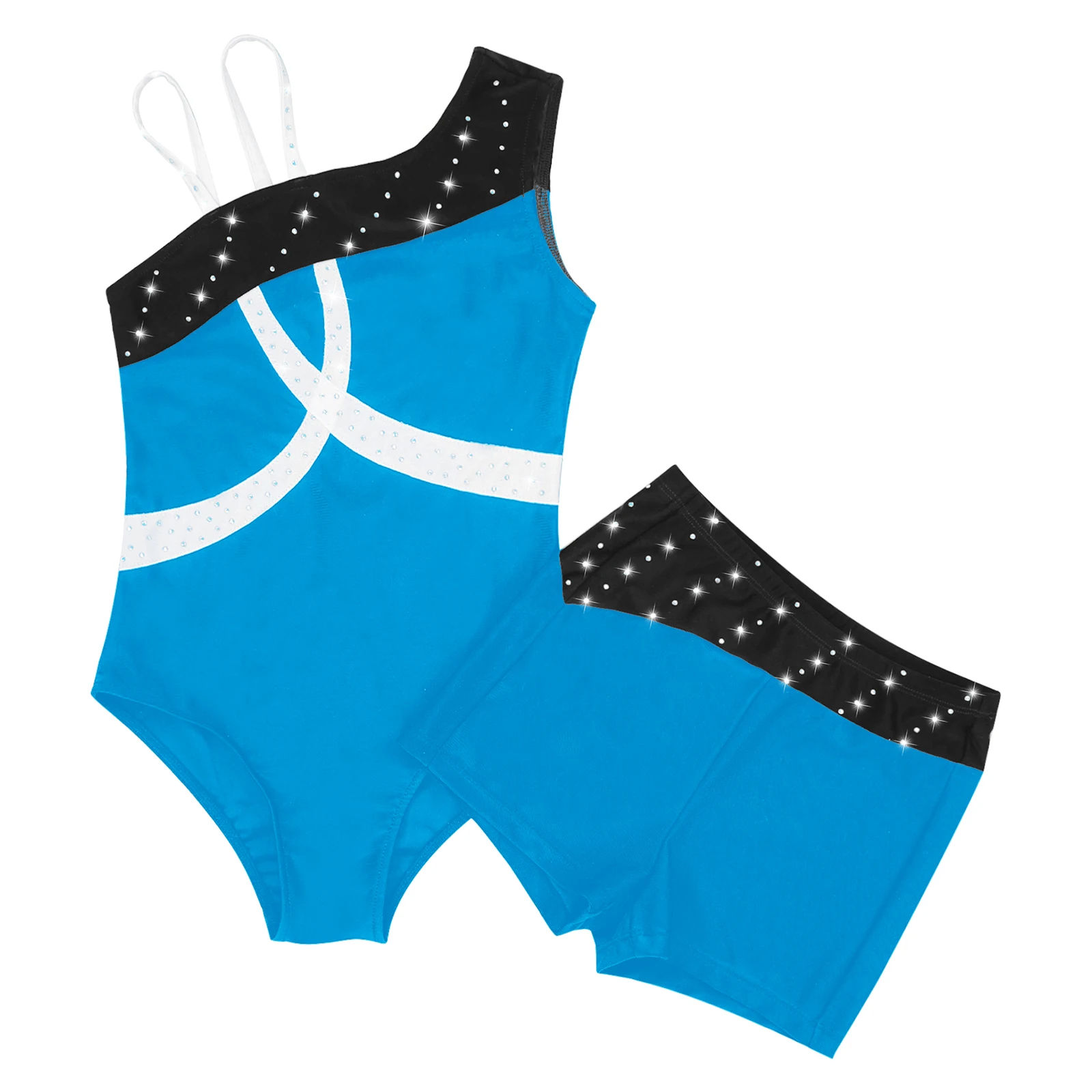 Kids Girls Sleeveless Oblique Shoulder Gymnastics Jumpsuit with Boxer Shorts Shiny Rhinestone Gymnastics Leotard Ballet Outfit