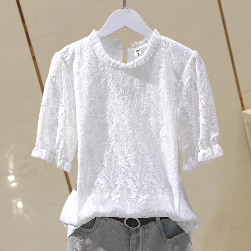 

Lace White Women Blouse Summer Sweet Style Embroidery Short-Sleeved Slim Elegant Female Pulls Top Quality