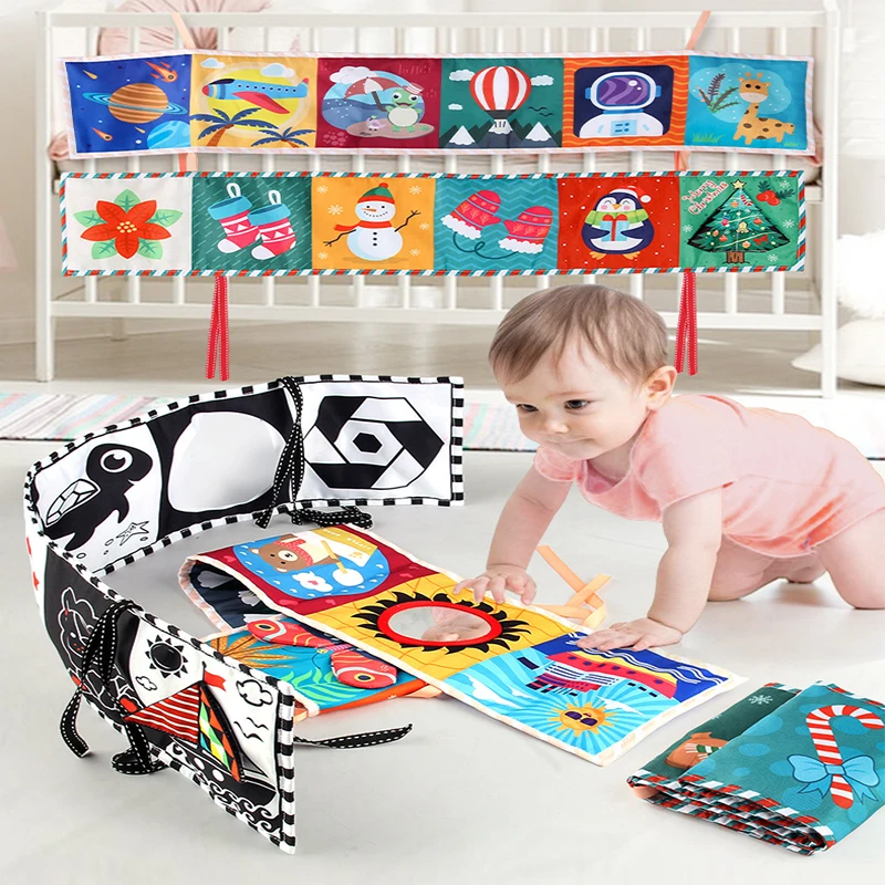 New Funny Mirror Baby Crib Bumper Book Double-sided 3D Baby Cloth Book Early Education Christmas Toys