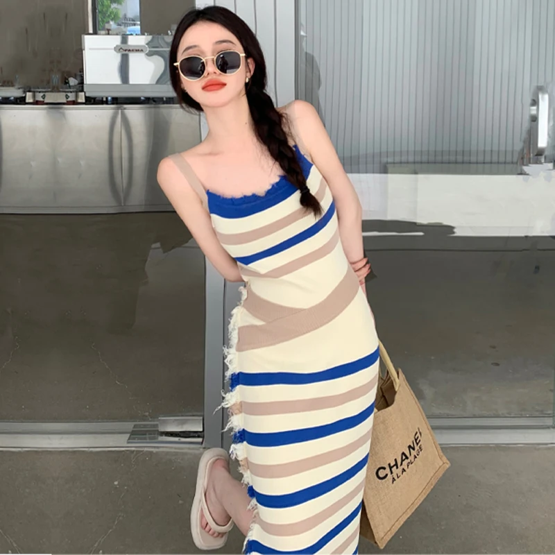 

Vintage Fashion Y2k Sexy Girl Split Dress Women Sleeveless Striped Knitted Dresses Korean Harajuku Casual Party Vestido