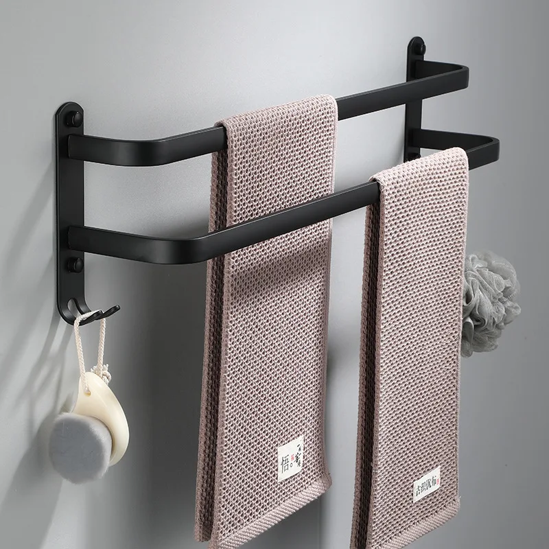 Bathroom Towel Rack 30-60CM Wall Mounted Shower Room Holder Kitchen Aluminum Multilayer Layer Wiht Hook Black Hanger Accessories