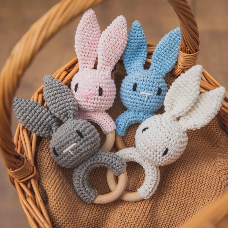 Baby Rattle Wooden Teether Music Ring Crochet Animal Rabbit Music Rattles Soother Bracelet Toddler Toys Baby Teething Gifts 1Pc