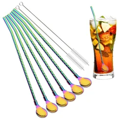 Vibrant Reusable Stainless Steel Straw and Spoon Set - Colorful Cocktail & Coffee Stirring Accessories (Rainbow)