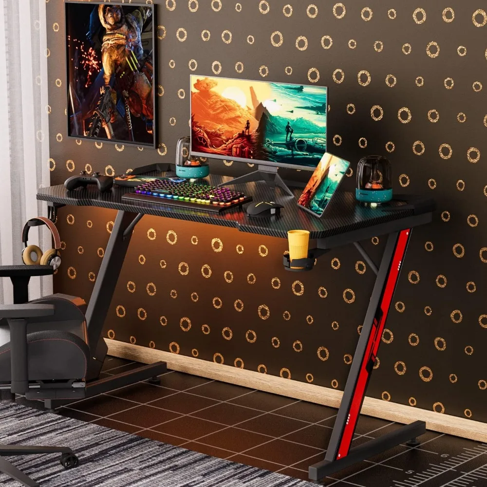 Game desk, carbon fiber surface computer desk, home office desk, with cup holder and headphone hook 4