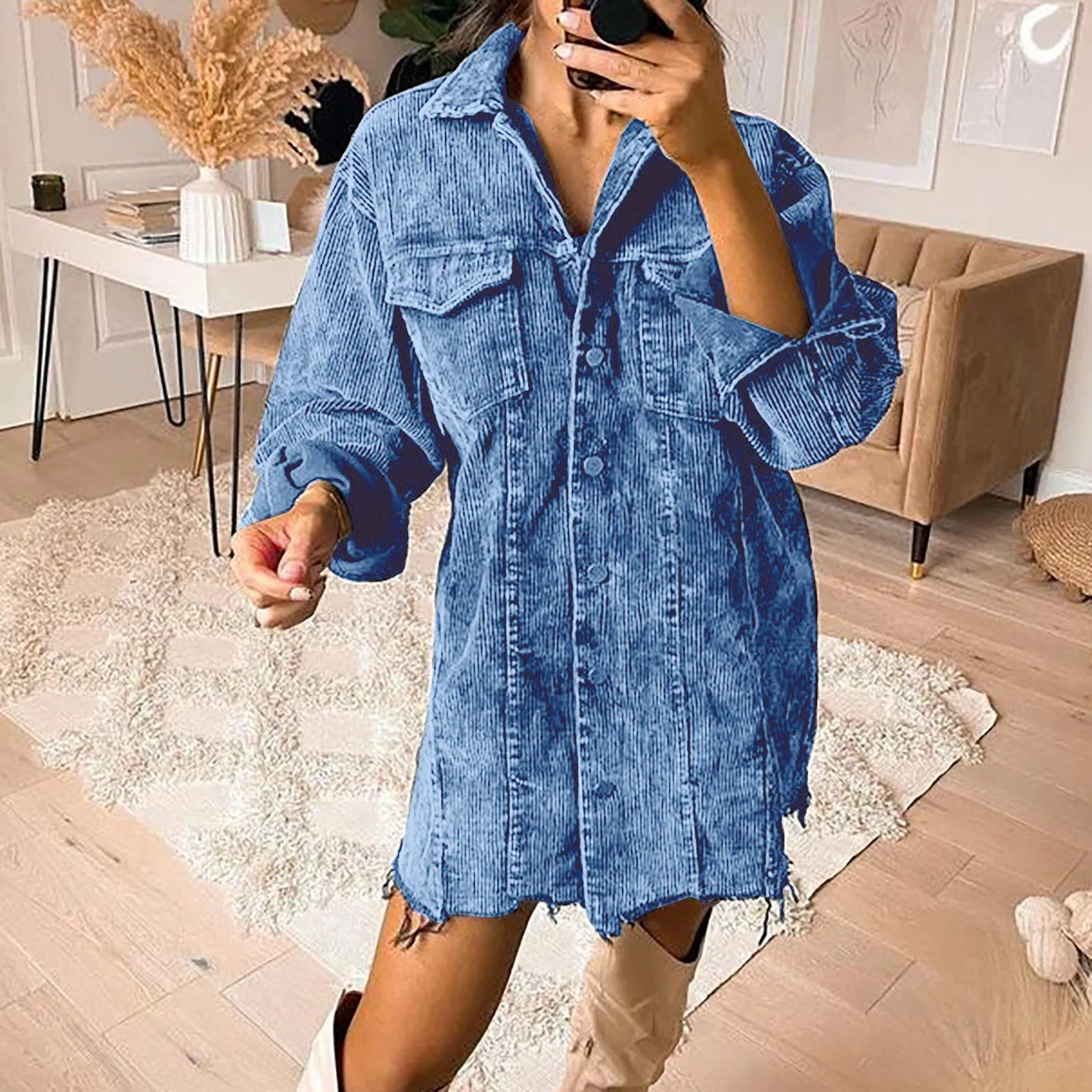 

Women's Autumn Winter Solid Color Lapel Single Breasted Medium Long Thin Corduroy To Do Old Retro Casual Coat