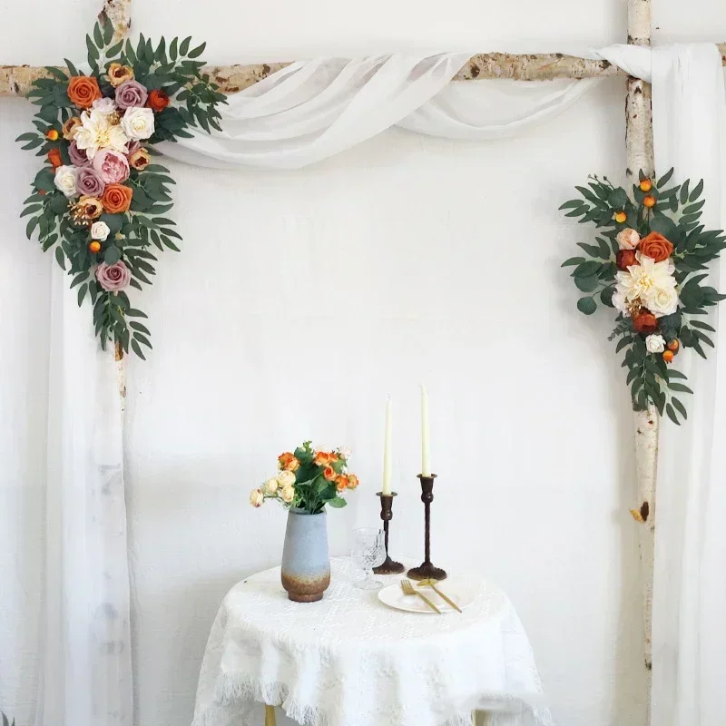 Burnt Orange Rustic Wedding Arch Flowers White Swag Drape Kit for Wedding Ceremony Reception Backdrop Floral Decoration