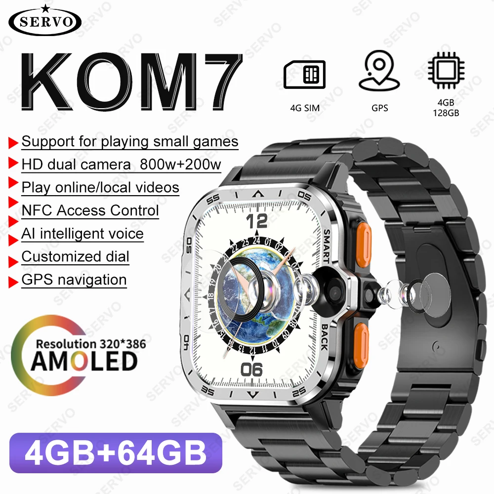 Reloj inteligente KOM7 para hombre y mujer, dispositivo con 4G LTE, 4GB + 64GB, cámaras duales de 8MP, GPS, WIFI, Google Play, tarjeta SIM, deportes