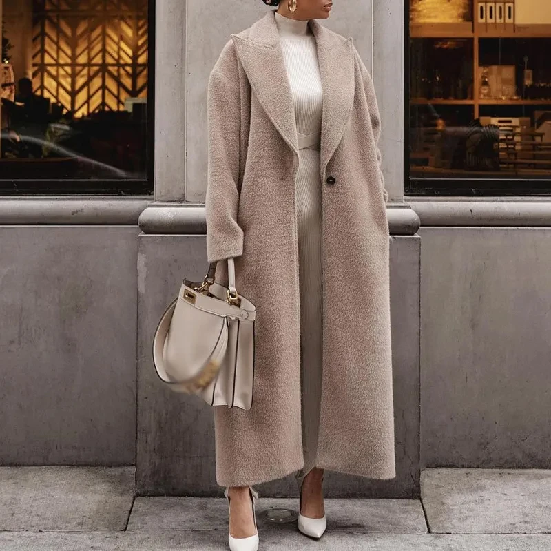 

Autumn Winter Hot Sale Warm Thick Overcoat Outwear Solid Color Casual Long-sleeved Women Long Coats Fashion Plush Female Topcoat
