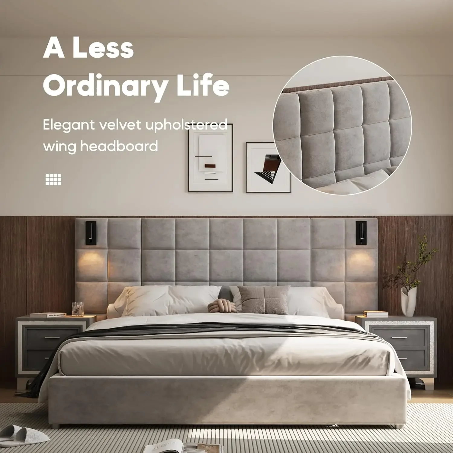 King Platform Bed Frame with Headboard,Elegant Velvet Upholstered Bed with Grid Pattern Padded Headboard,Easy Assembly,Grey 3