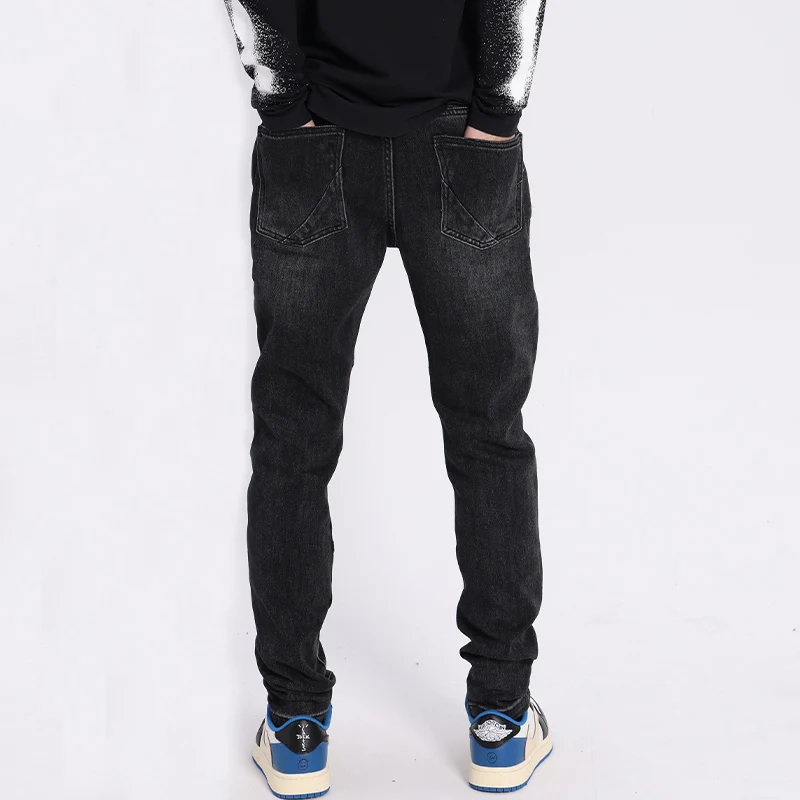 Street Fashion Men Jeans Retro Black Gray Elastic Slim Fit Spliced Biker Jeans Men Wrinkle Patched Designer Hip Hip Pants Hombre
