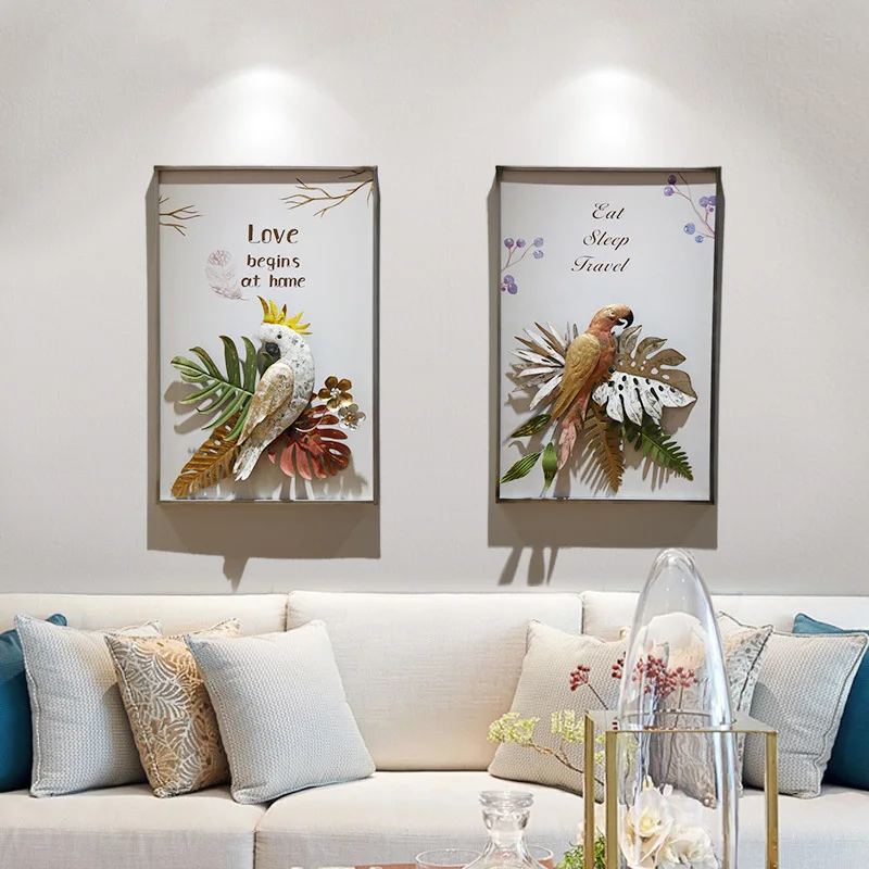 

European-style Simple Porch Aisle Wall Decoration Three-dimensional Painting Mural Wrought Iron Parrot Ornament Creative Hanging