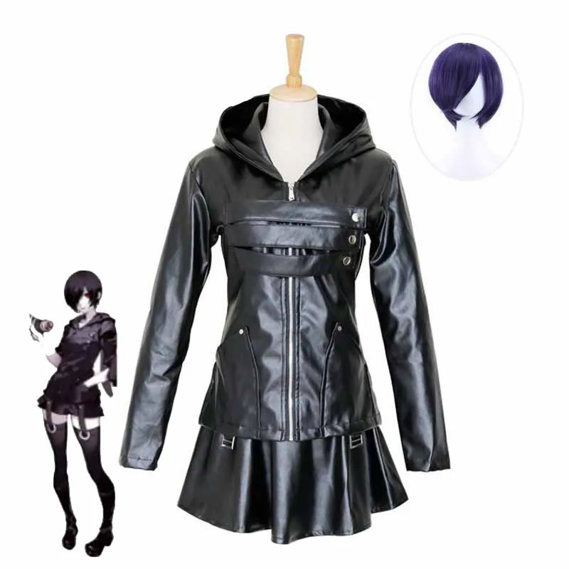 

Women Halloween Anime Tokyo Ghoul Touka Kirishima Doge Cosplay Costume Sexy Female PU Leather Black Fighting Dress Wig Uniform