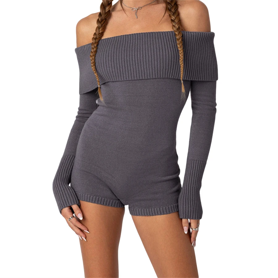 

Women Off-Shoulder Long Sleeve Knit Playsuits 2023 Fall New Solid Casual Slim Fit Sweater Rompers Streetwear Backless Outfit