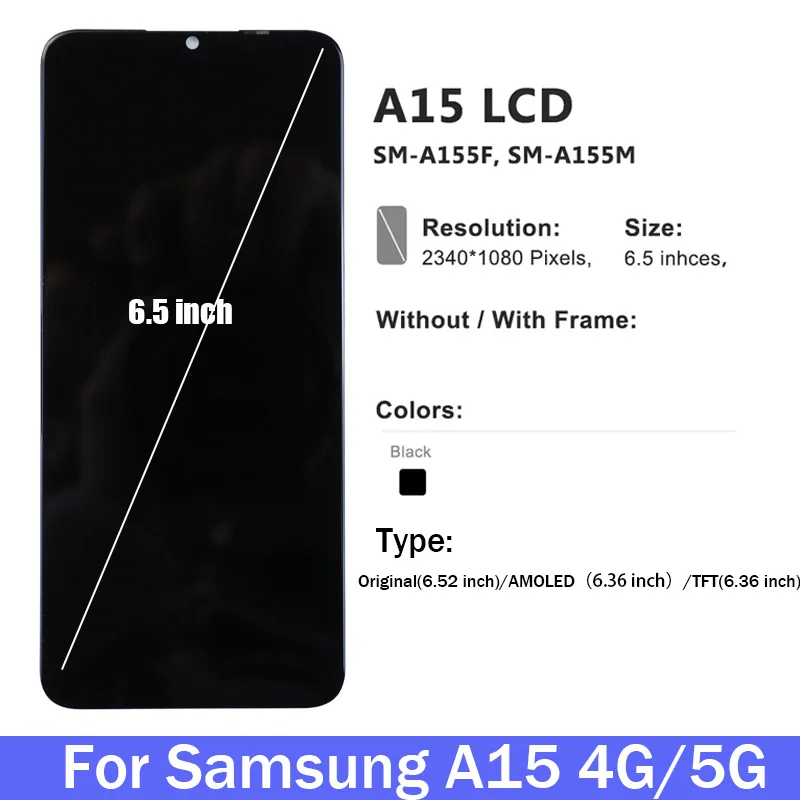 6.5"AMOLED LCD For Samsung A15 4G A155F LCD Display Touch Screen Digitizer Assembly For Samsung A15 5G A156B Display Replacement