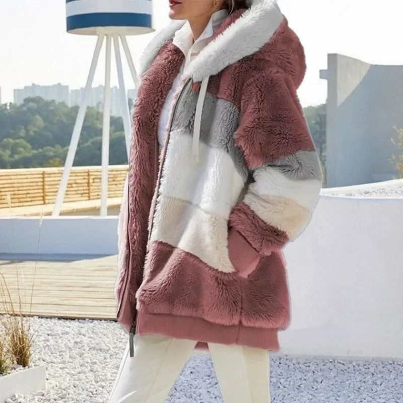 2023 Autumn/Winter Warm Hoodies Tops Plush Panel Zipper Pocket Hooded Loose Coat for Women Korean Fashion Oversize Sweatshirts