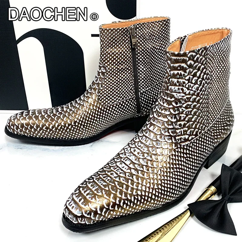 LUXURY BRAND MEN ANKLE BOOTS ZIP MARTENS SNAKE PRINT CASUAL MENS DRESS SHOES WEDDING PARTY REAL LEATHER WINTER BOOTS MEN