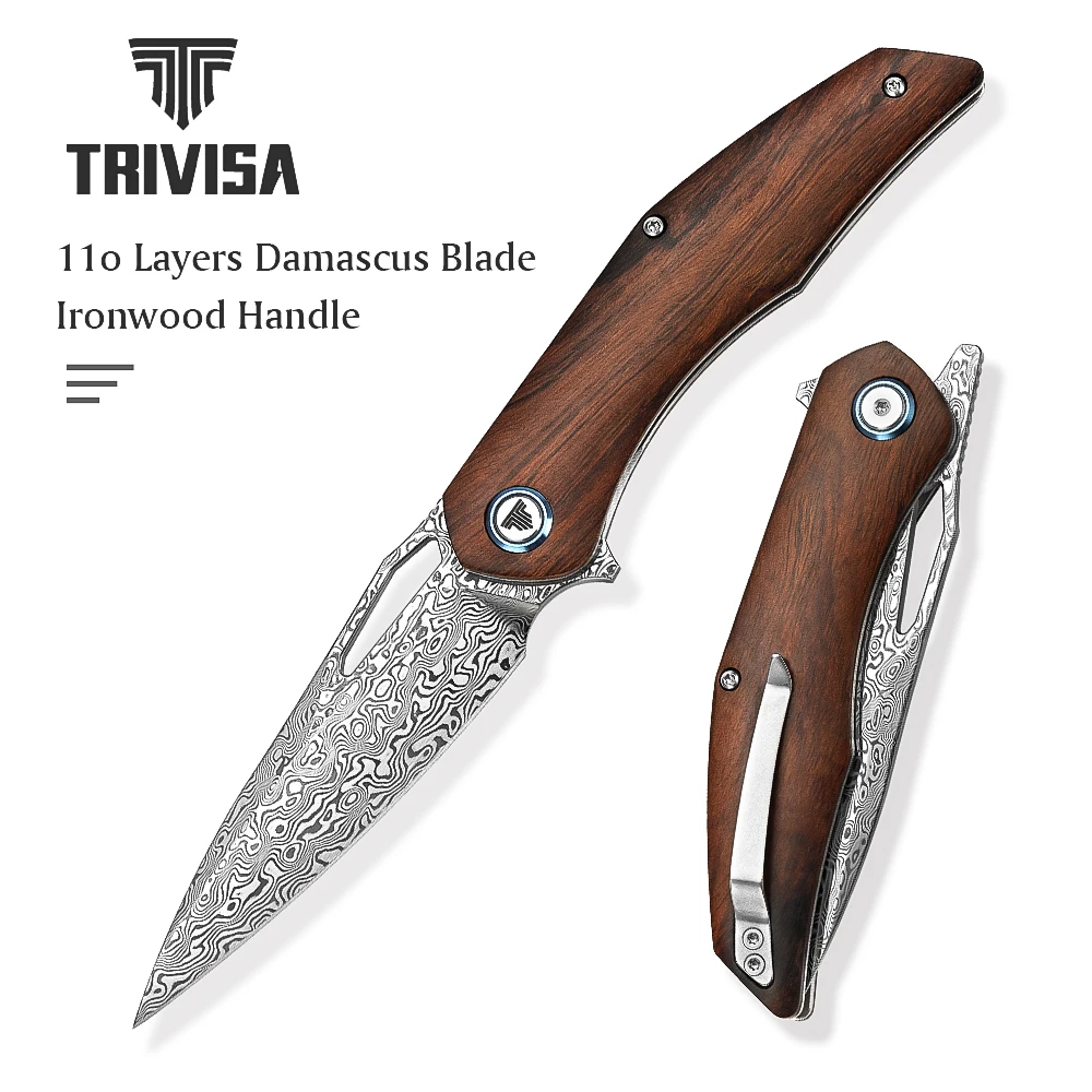 

TRIVISA 3.62'' Damascus Folding Pocket Handmade Knife for Men With Clip,Knife for EDC Outdoor Camping，Ironwood Handle &Ti Ring