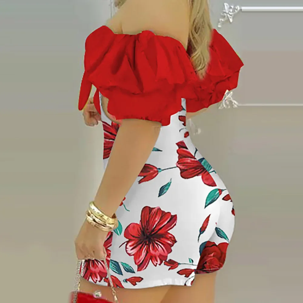 Sexy Off Shoulder Floral Print Jumpsuit 2024 New Summer Fashion Vintage Hollowed Out Lace-Up Front Short Sleeve Slim Jumpsuits