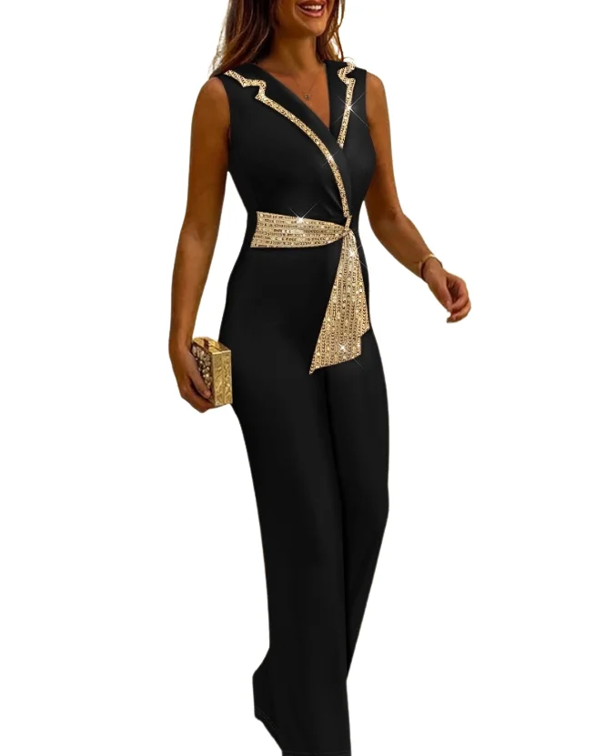 Temperament Commuting Long Jumpsuits 2023 Spring New Fashion Casual Polo Sleeveless Notched Collar Contrast Sequin Jumpsuits